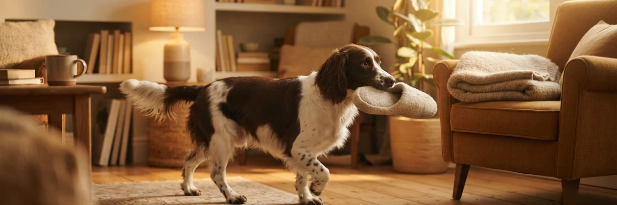 A spaniel carrying a soft slipper across a wooden floor in a warm living room, with an armchair and a folded blanket behind it.