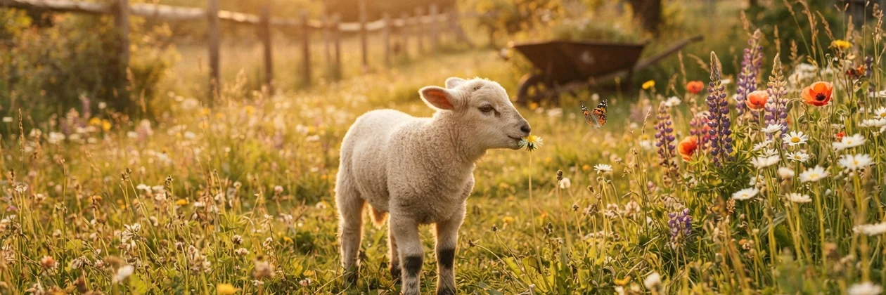 A lamb nibbling a daisy in a wildflower meadow, with a butterfly nearby and a wheelbarrow in the background.
