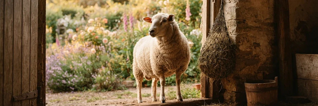 A sheep standing in a barn doorway and looking out at a flowering cottage garden, with a hay net hanging on the wall.