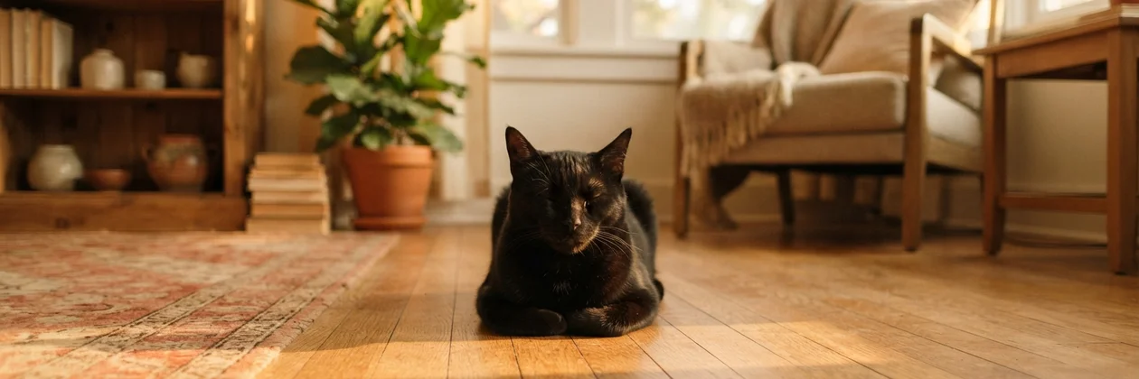 A black cat resting on a sunlit wooden floor in a cozy living room, with a rug, a plant and an armchair behind it