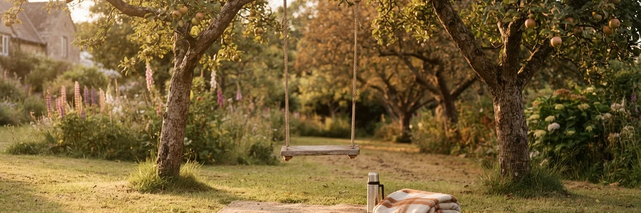 A wooden swing hanging from an apple tree in an orchard garden, with a thermos and a striped blanket on the grass.