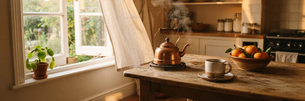 A copper kettle steaming on a wooden kitchen table beside a mug and a bowl of tangerines, with an open sunlit window behind.