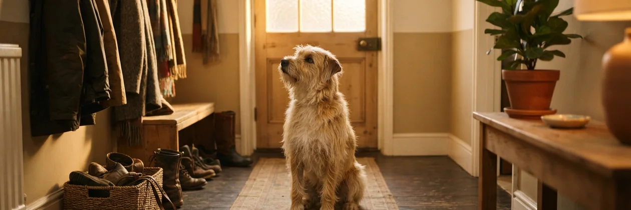 A pale shaggy dog sitting in a hallway and looking up toward the front door, with coats on hooks and boots by the wall.