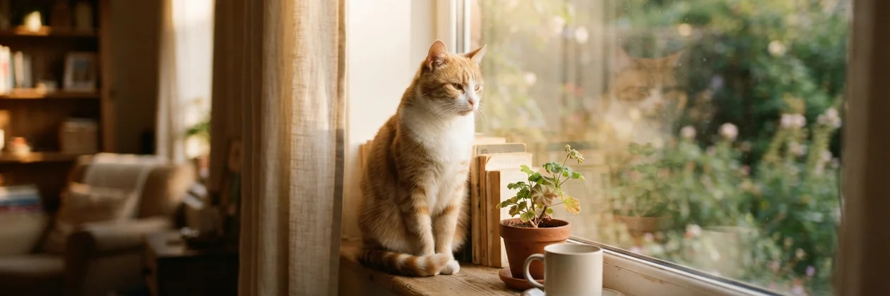 A ginger and white cat sitting on a wooden windowsill by a curtain, looking out at a blooming garden, with a small plant and a mug nearby