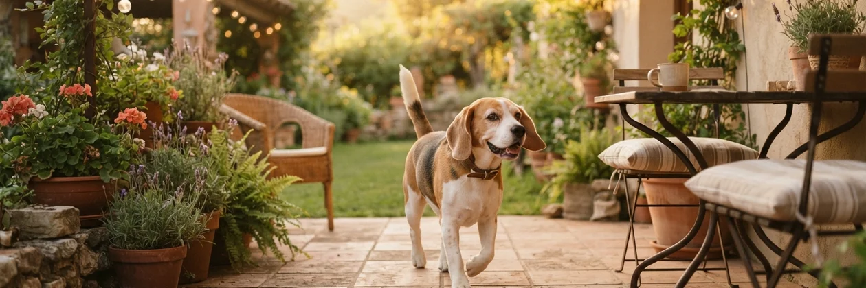 A beagle walking across a terracotta patio in a garden with potted plants, a wicker chair and a small iron table.