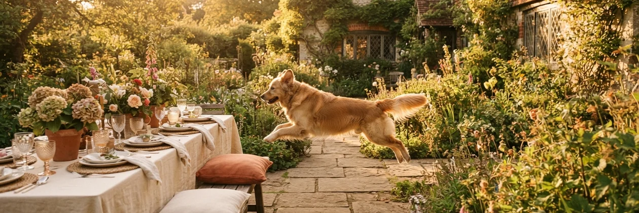 A golden dog leaping across a stone path in a garden beside a long table set with plates, glasses and flowers.