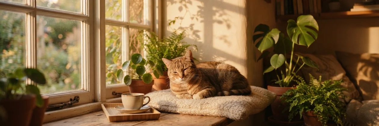 A tabby cat curled on a cushion beside a sunny window, with potted plants, a teacup on a tray and soft leaf shadows on the wall