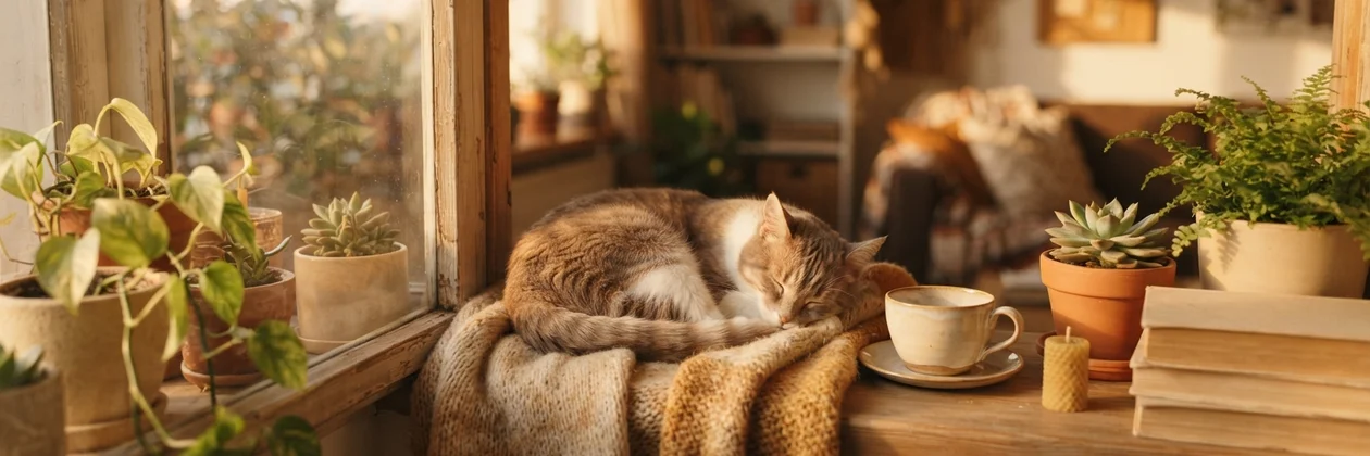 A tabby and white cat asleep on a knitted blanket on a sunny windowsill among potted plants, with a cup and saucer, a candle and a stack of books beside it.