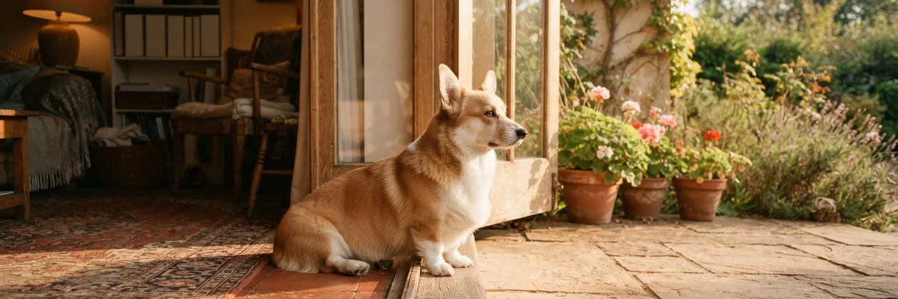 A corgi sitting in an open glass door between a rug-covered room and a sunlit stone patio with flower pots.