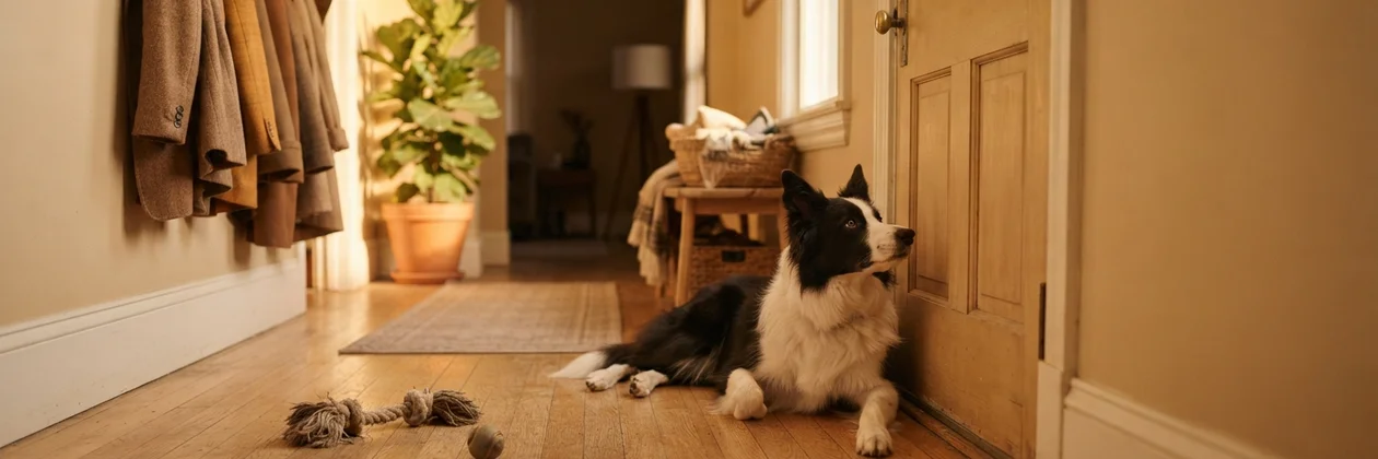 A dog lying on a wooden hallway floor beside a rope toy, facing a closed front door, with coats hanging on the wall.