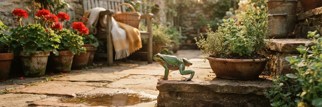 A single green frog mid-step on a stone ledge in a sunny courtyard, beside pots of red geraniums and herbs, with a wooden chair and a folded blanket behind.