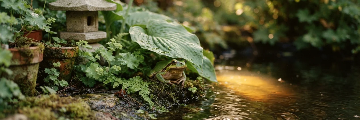 A green frog tucked under a large hosta leaf beside a garden pond, with a stone lantern and ferns nearby and warm light on the water.