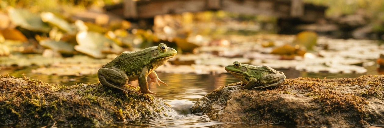 Two green frogs on separate mossy rocks with a strip of water between them, lily pads glowing in soft golden light.