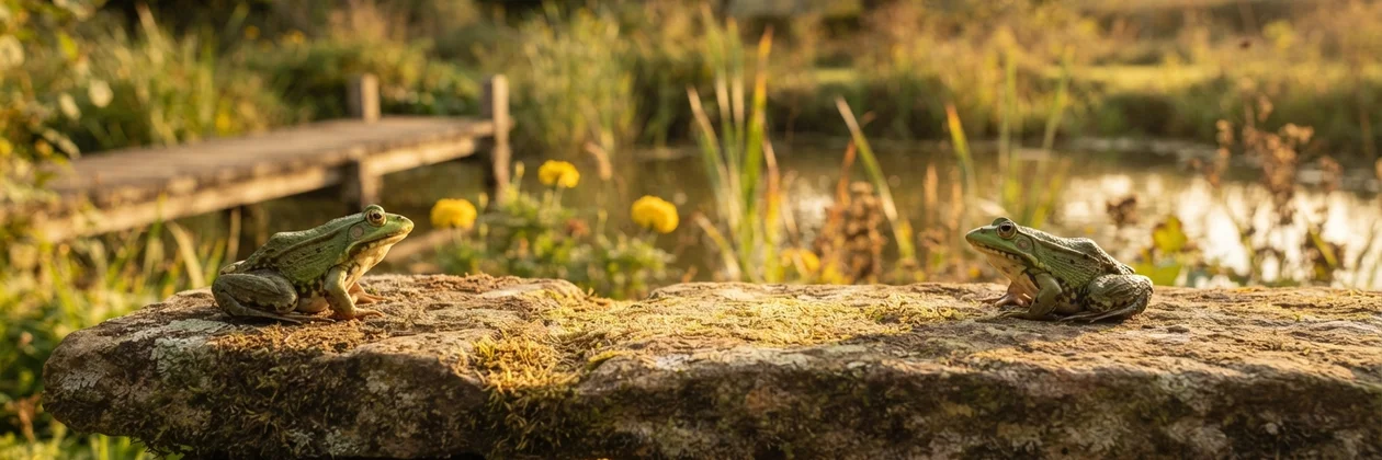 Two green frogs sitting at opposite ends of a long mossy stone slab, with a wooden dock and yellow flowers behind them.
