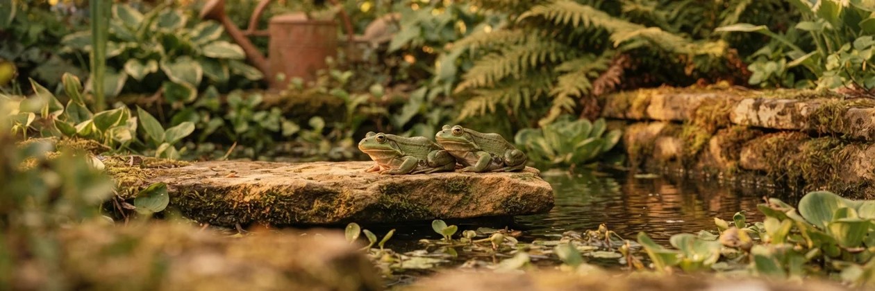 Two green frogs sitting close together on a mossy stone by a pond, with ferns and a terracotta watering can behind them.
