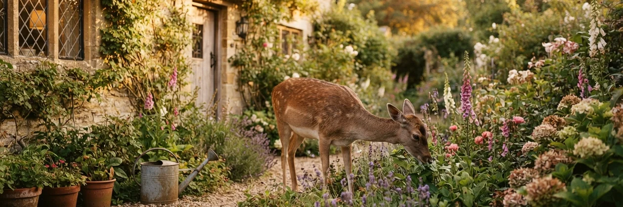 A young deer grazes among lavender and foxgloves beside a stone cottage, with a metal watering can nearby.
