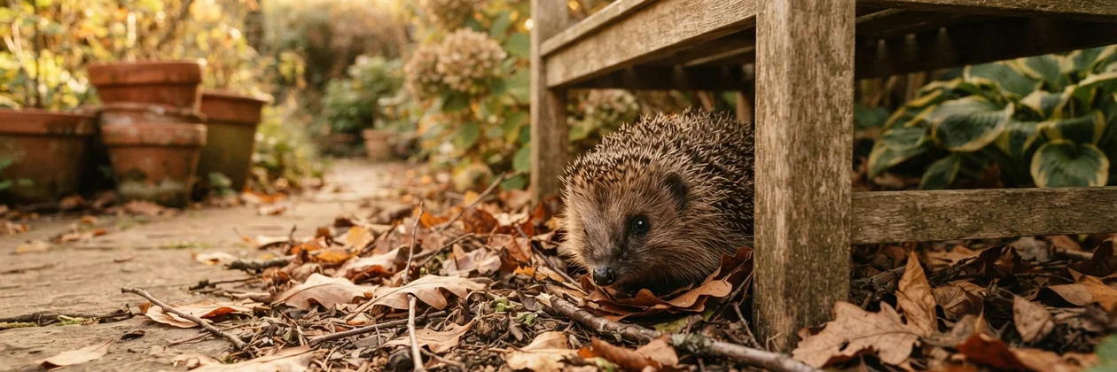 A hedgehog peeks out from beneath a wooden garden bench among fallen autumn leaves, with terracotta pots in the background.