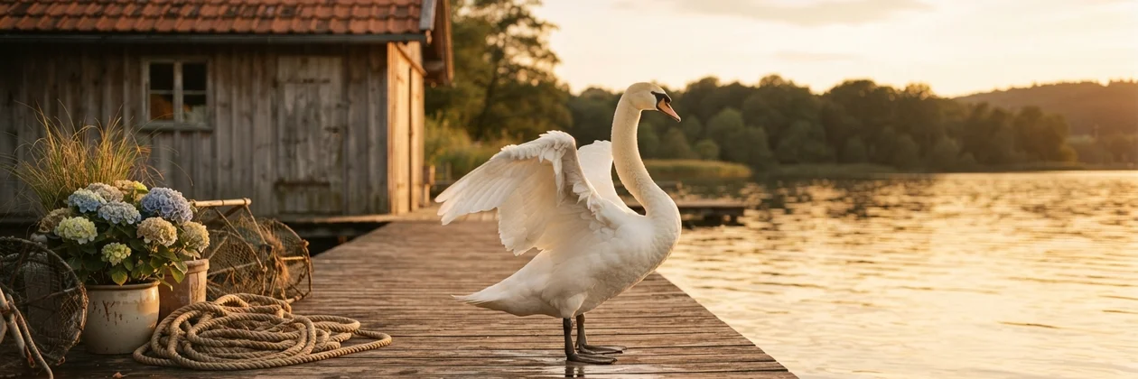 Un cisne blanco con las alas abiertas sobre un muelle de madera al atardecer, junto a una cabaña, una cuerda enrollada y hortensias.