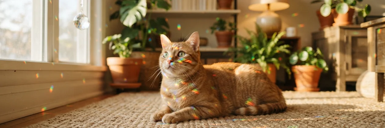 A ginger cat lying on a woven rug looking up, with tiny rainbow flecks of light scattered over its fur, the floor and the room, and a crystal hanging at the window