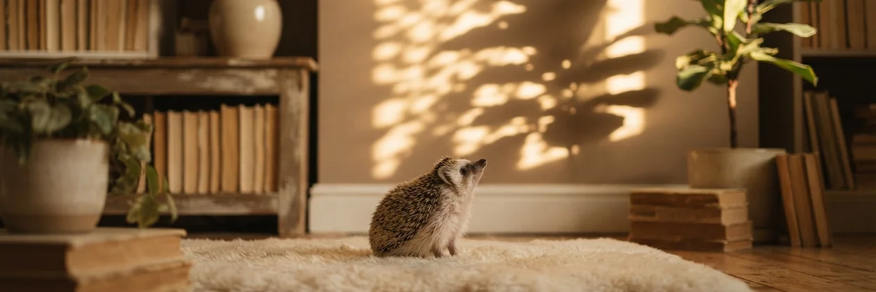 A small hedgehog sitting on a sheepskin rug and looking up at a wall where sunlight and leaf shadows play, with books and plants around.