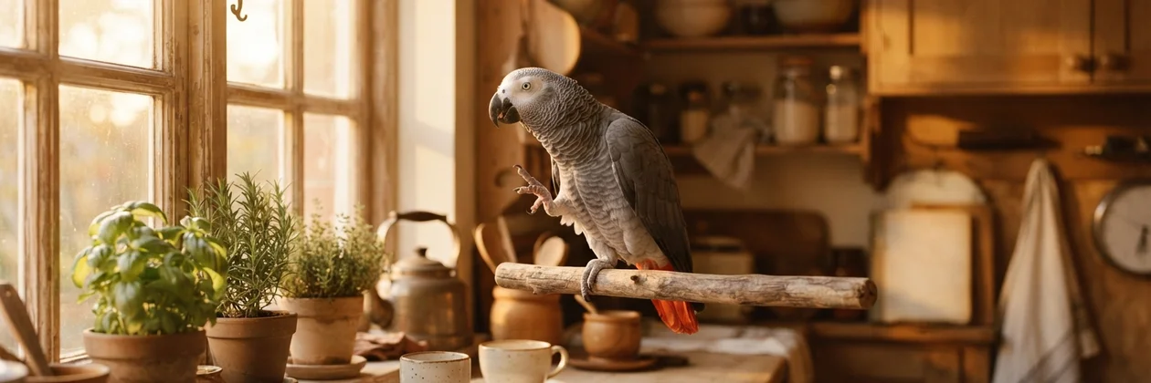 A grey parrot with a red tail perched on a wooden branch in a sunny kitchen, with pots of herbs and cups nearby.