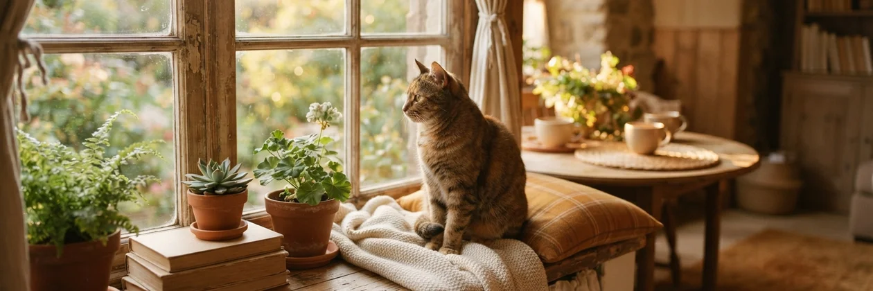A tabby cat sitting on a cushioned window seat, looking out at a garden past potted plants and a stack of books.