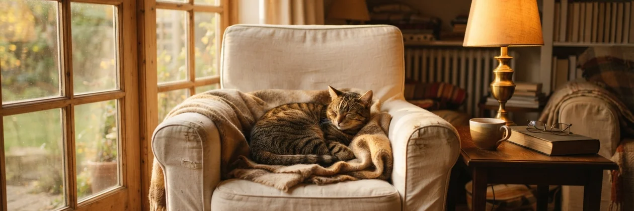 A tabby cat asleep on a blanket in a cream armchair beside a lamp, a mug, a book and a pair of glasses.