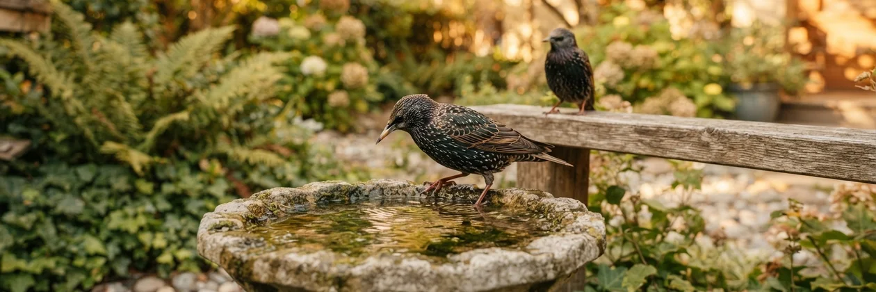 A starling bending to drink from a mossy stone birdbath in a leafy garden, with another starling watching from a wooden bench behind.