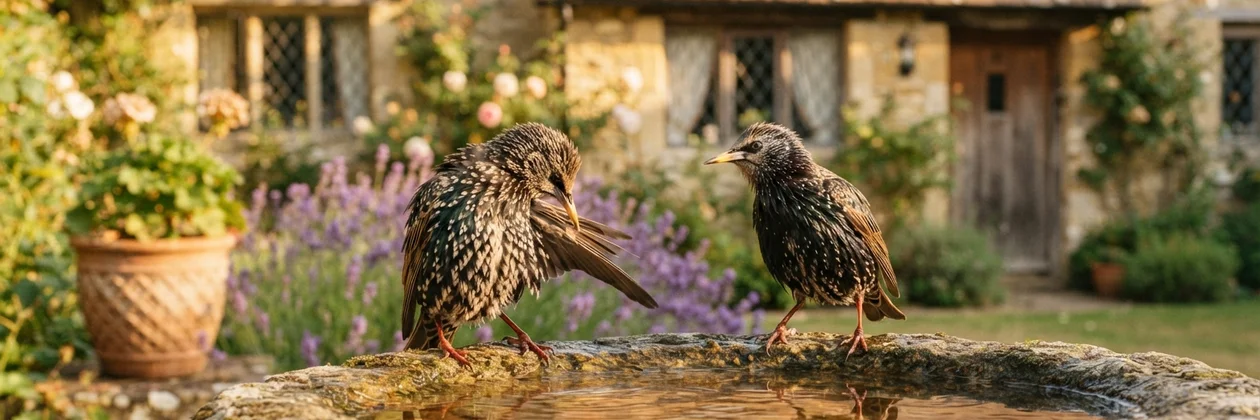 Two starlings on the edge of a stone birdbath in a cottage garden, one with wings partly open, lavender and a terracotta pot behind them.