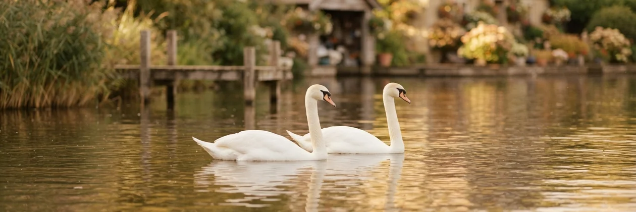 Dos cisnes blancos nadan juntos y tranquilos en un estanque de aguas doradas, con un embarcadero de madera y plantas al fondo.