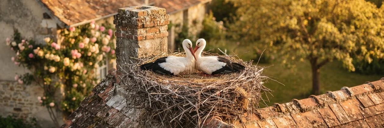 Two white storks nestled close together in a twig nest on a brick chimney, with a blossoming rose bush and an orchard tree behind them.
