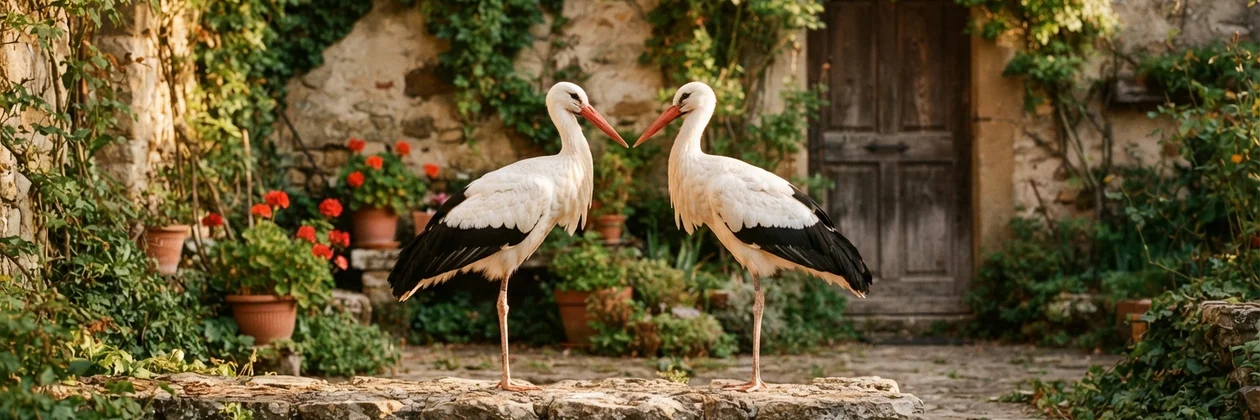 Two white storks standing face to face on a flat stone in a walled garden, with red geraniums and a wooden door behind them.