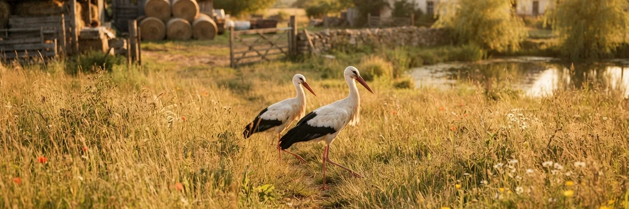 Two white storks walking side by side through tall dry grass beside a pond, with a farm gate and hay bales behind them.