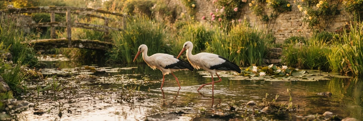 Two white storks wading side by side through shallow water among lily pads, with a small wooden bridge and a rose-covered wall behind them.