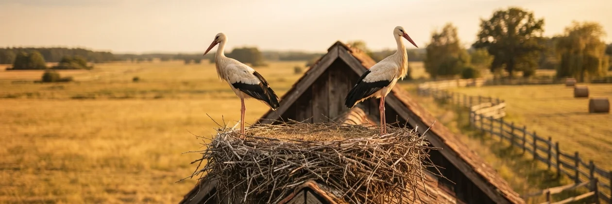 Two white storks at opposite ends of a twig nest on a wooden barn roof, with open fields and hay bales behind them.