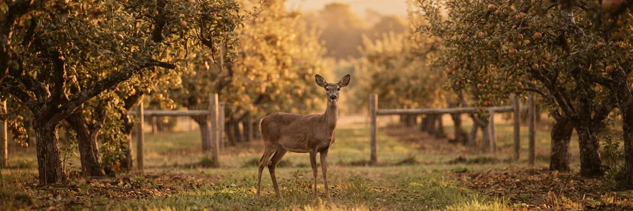 A deer stands still between rows of apple trees in warm evening light, looking toward the camera.