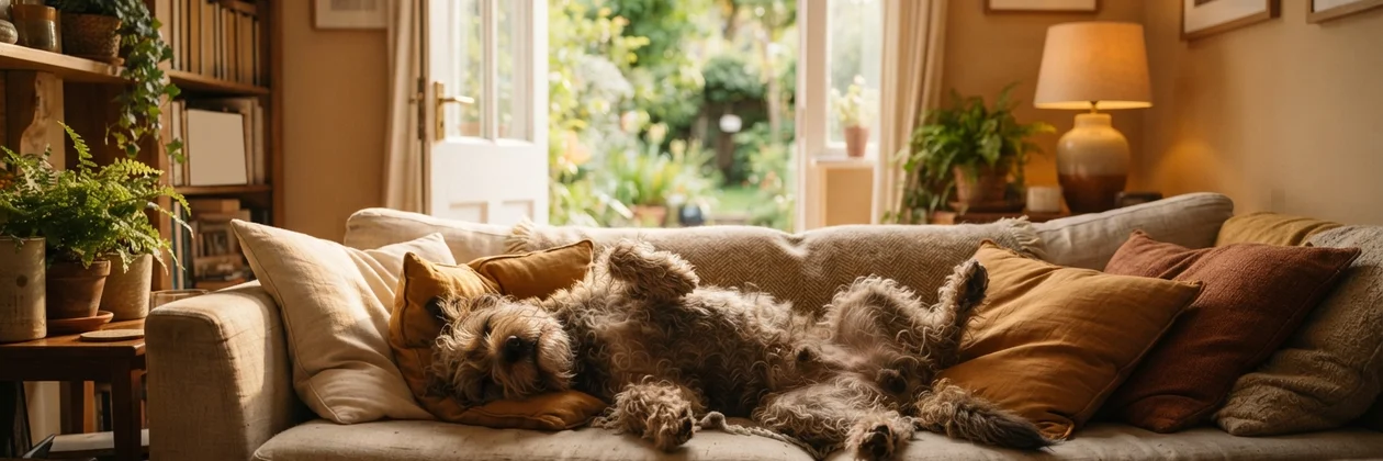 A shaggy dog asleep on its back on a sofa among cushions, with an open door to a garden and a lit lamp behind it.