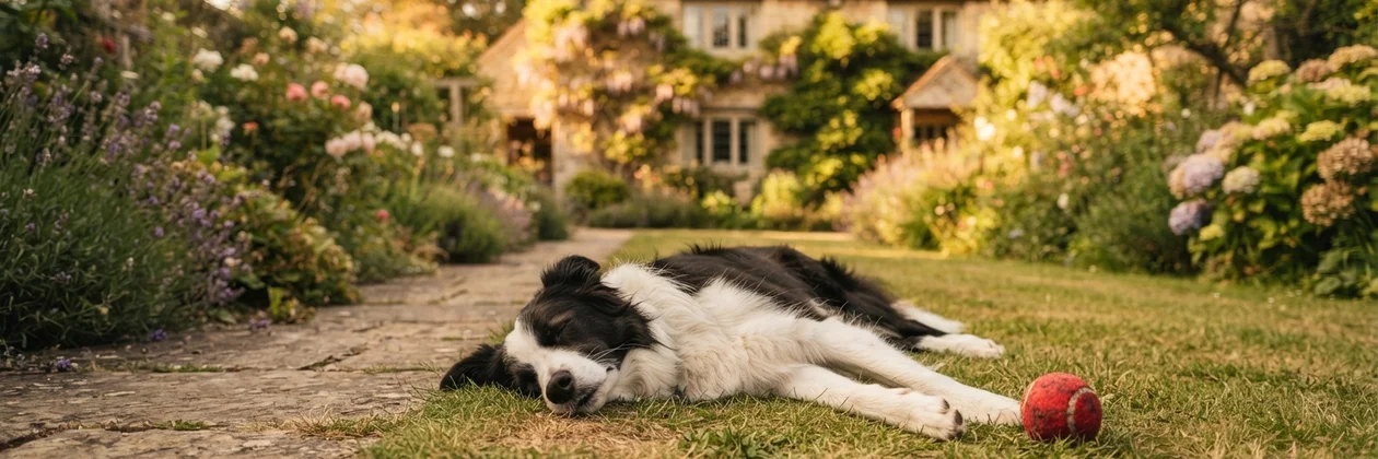 A black and white dog asleep on a lawn beside a red ball, with a flowering garden and a stone path behind.