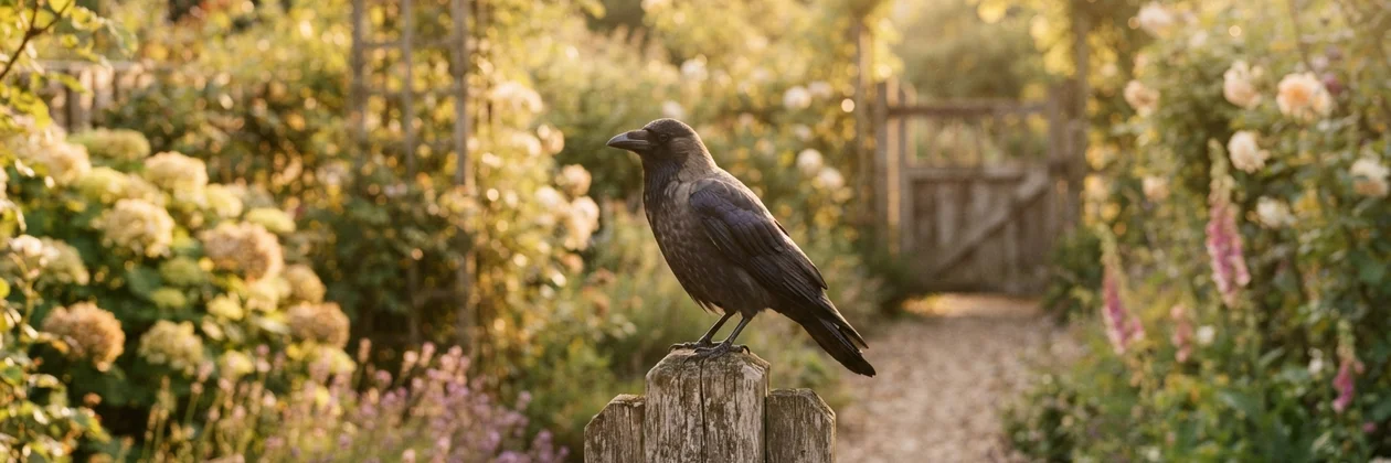 A crow perched on a weathered wooden post in a sunlit garden, with roses and hydrangeas around it and a gravel path leading to a wooden gate.
