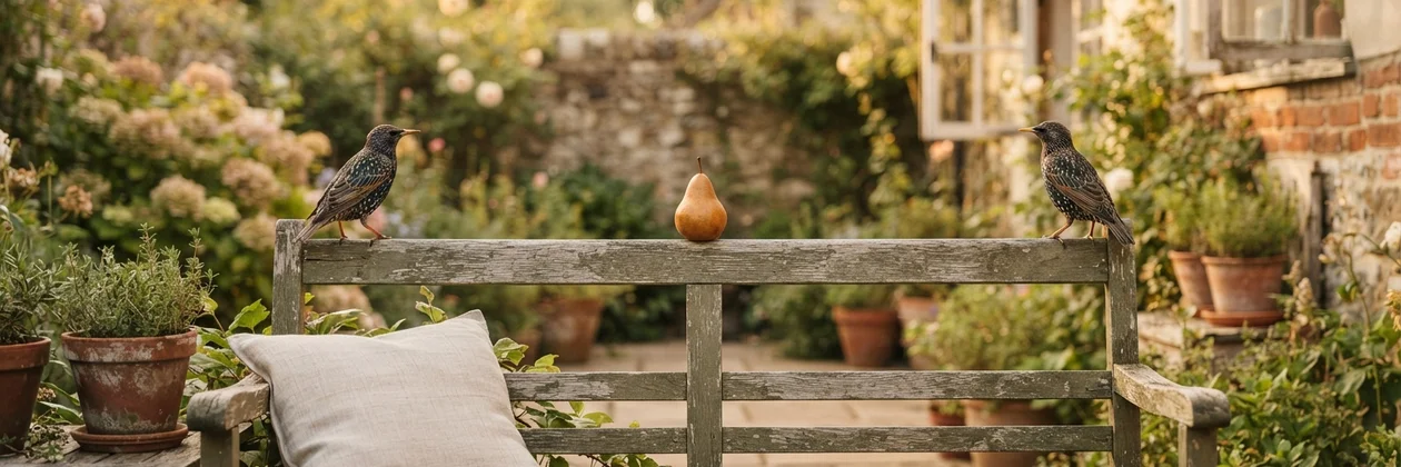 Two starlings perched at either end of a weathered garden bench with a single pear sitting on the top rail between them.