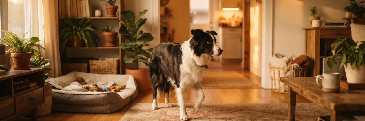 A dog walking across a rug in a warm living room, past a dog bed with soft toys and shelves of plants.