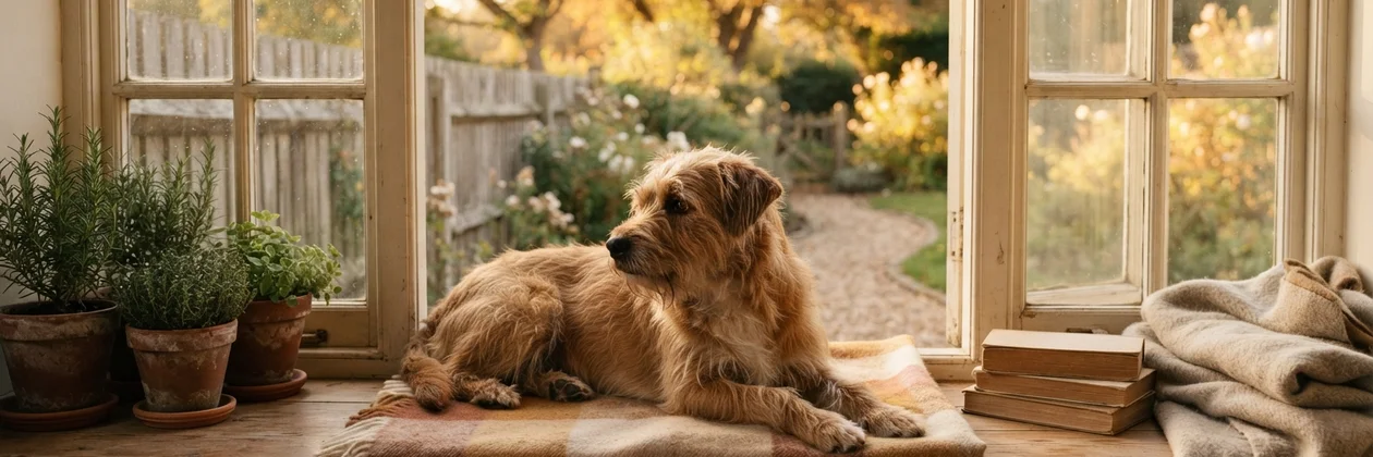 A shaggy dog lying on a checked blanket by a window and looking out at a garden path, with potted herbs and a stack of books beside it.