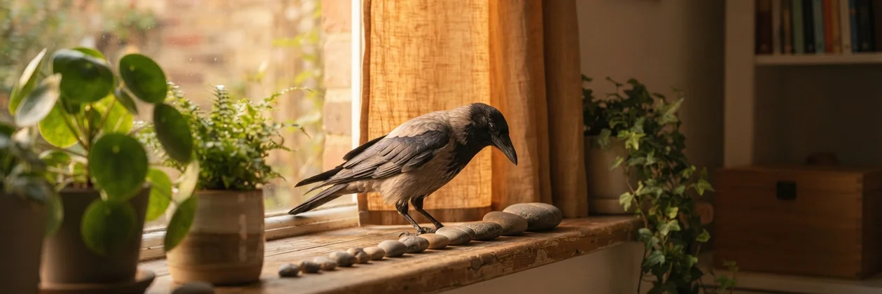 A gray and black crow walking along a sunlit windowsill beside a row of smooth pebbles, with potted plants and an orange linen curtain.