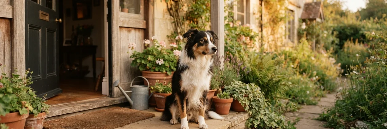 A dog sitting on a stone doorstep beside potted plants and a metal watering can, looking out at a sunlit garden.