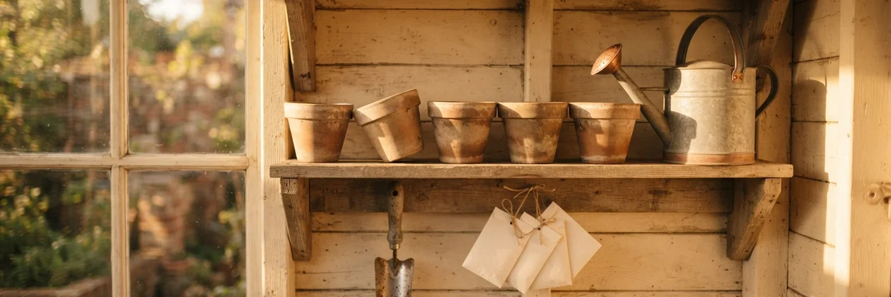 A wooden shelf in a potting shed holding a row of terracotta pots, a metal watering can, and small seed packets tied with twine.