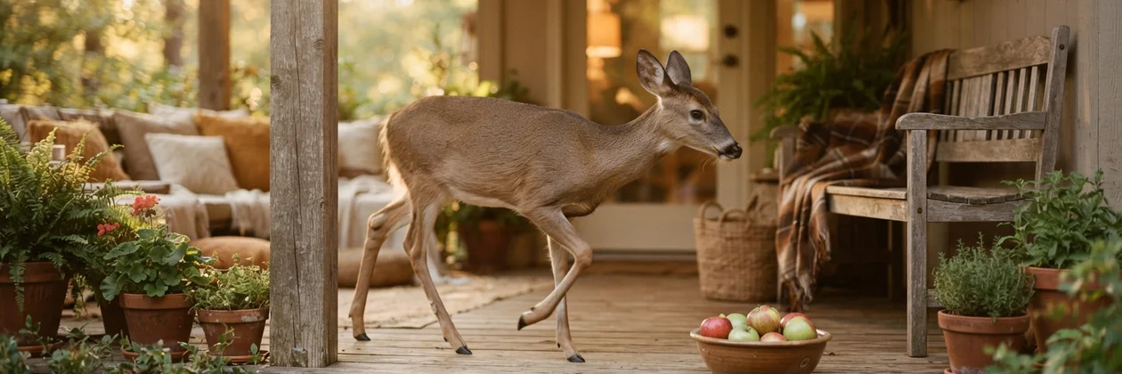 A young deer walks across a wooden porch past a bench with a plaid blanket and a bowl of apples.