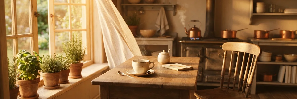 A wooden kitchen table with a cup and saucer, a small notebook and an empty chair, and a curtain moving by an open window with herbs on the sill.
