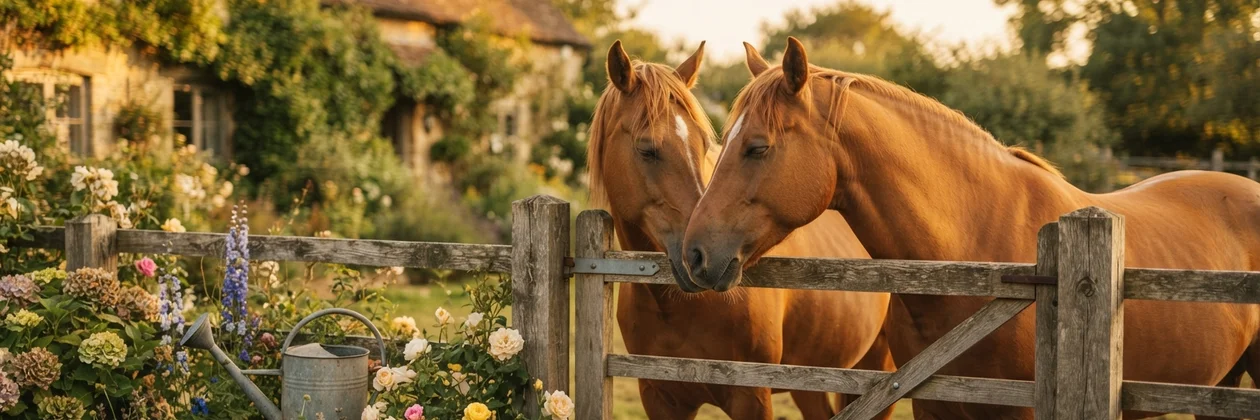 Two chestnut horses resting their heads together over a wooden fence in a flower garden at golden hour.