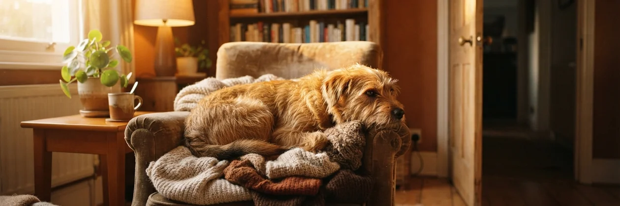 A shaggy dog curled on an armchair heaped with knitted blankets, with a lamp and a mug on a side table and a door ajar on the right.
