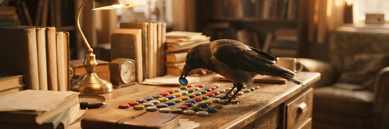 A crow holding a blue bottle cap in its beak above a wooden desk lined with rows of colorful bottle caps, with old books, a brass lamp and a small clock.